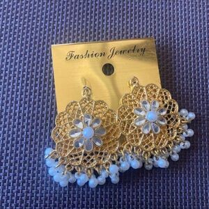 Fashion Jewelry Gold Filigree Floral Dangle Earrings with White Accents